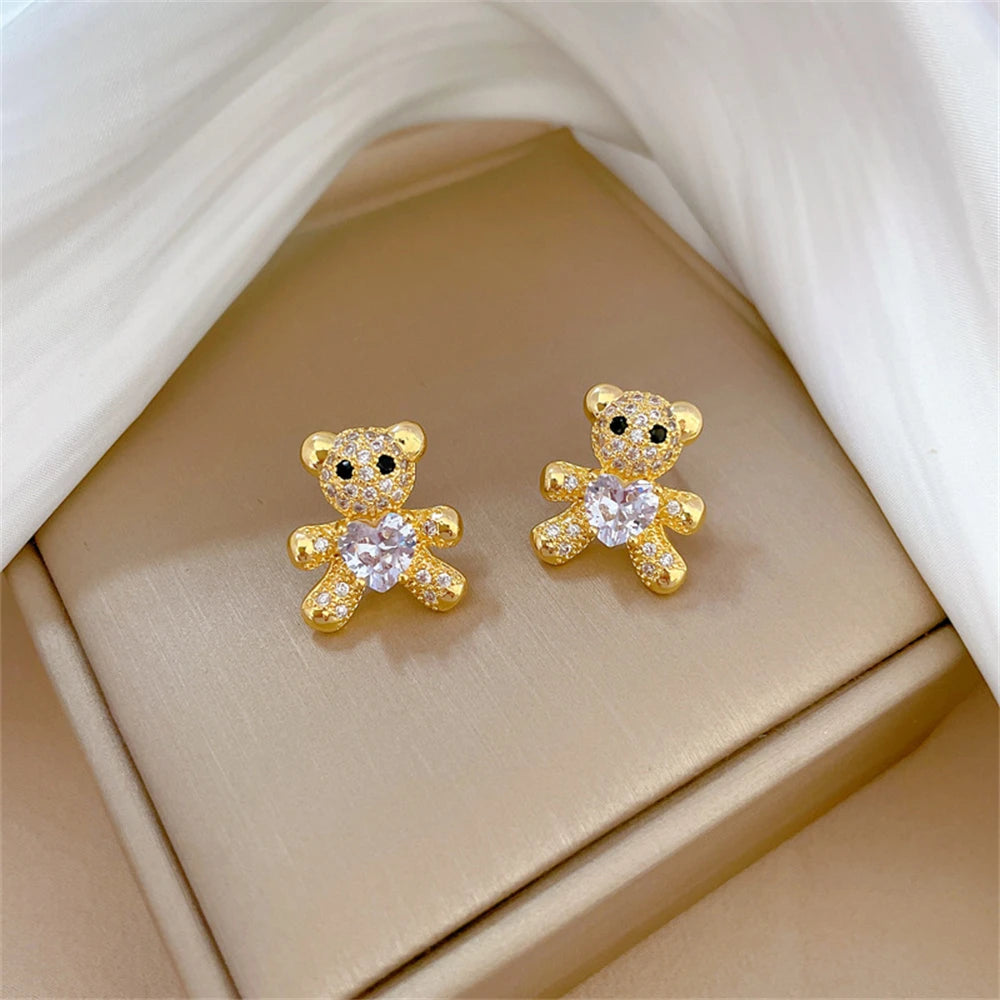 Heart Crystal Teddy Bear Necklace Earrings Sets